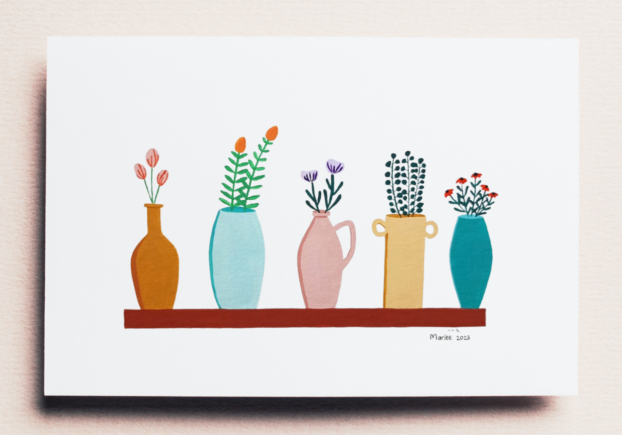Picture of Five Flower Pots A4 - Gouache Painting