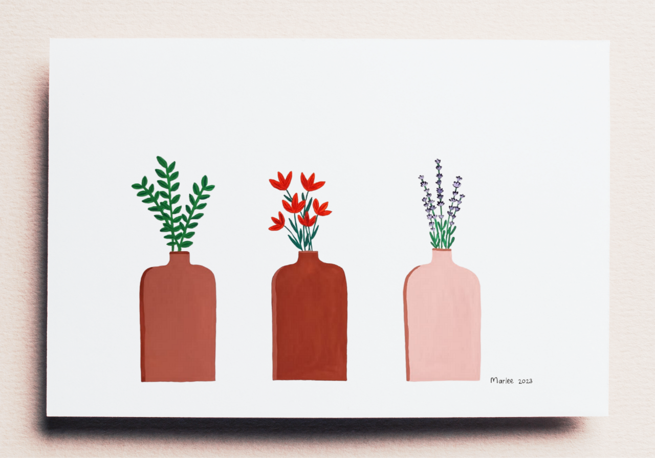 Picture of Three Flower Pots A4 - Gouache Painting